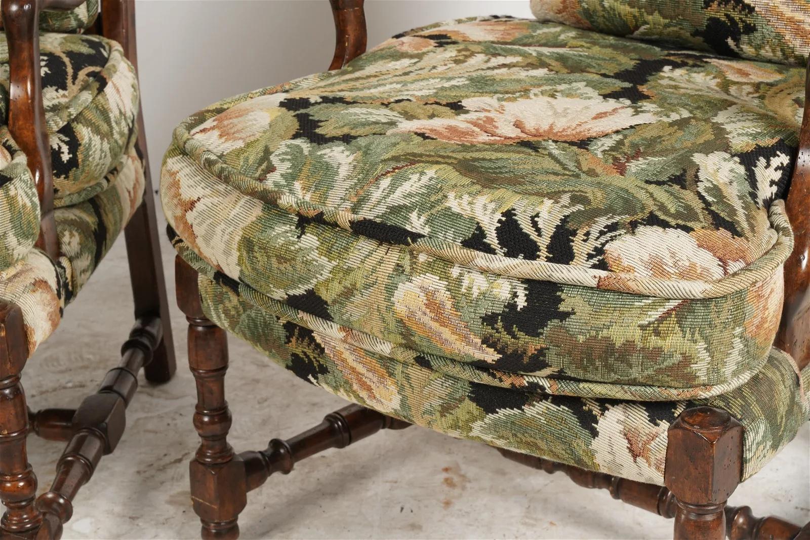 Fabric Pair of French Provincial Fruitwood Upholstered Arm Chairs Late 20th Century For Sale