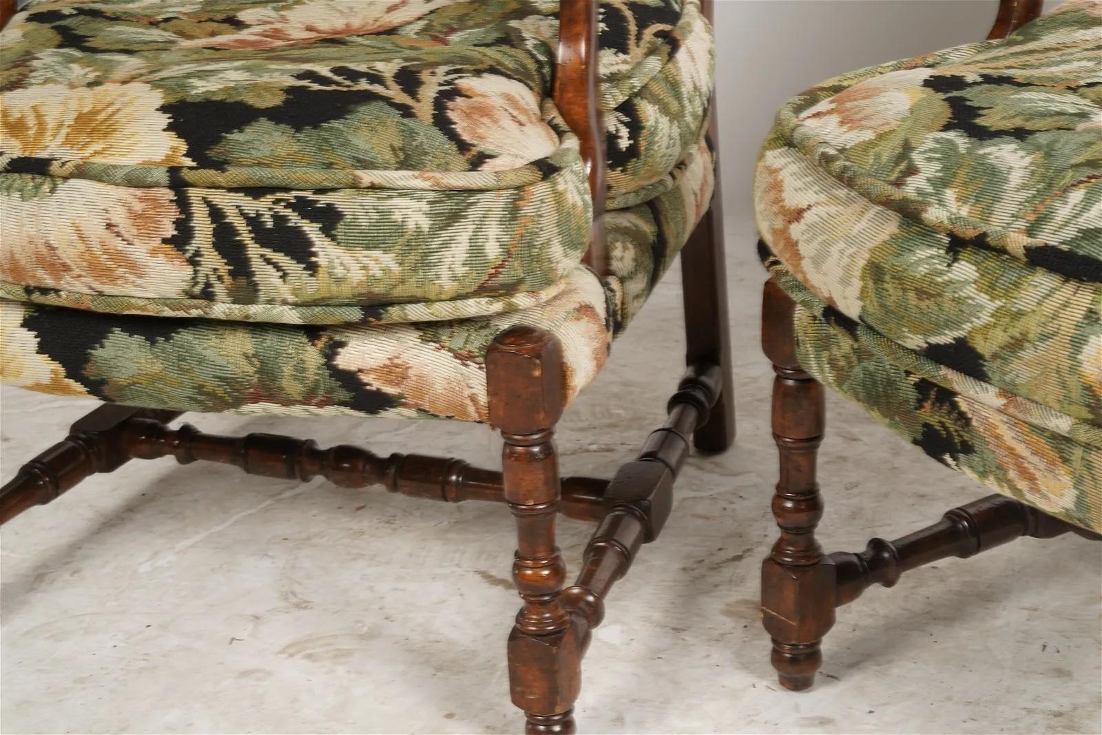 Pair of French Provincial Fruitwood Upholstered Arm Chairs Late 20th Century For Sale 1