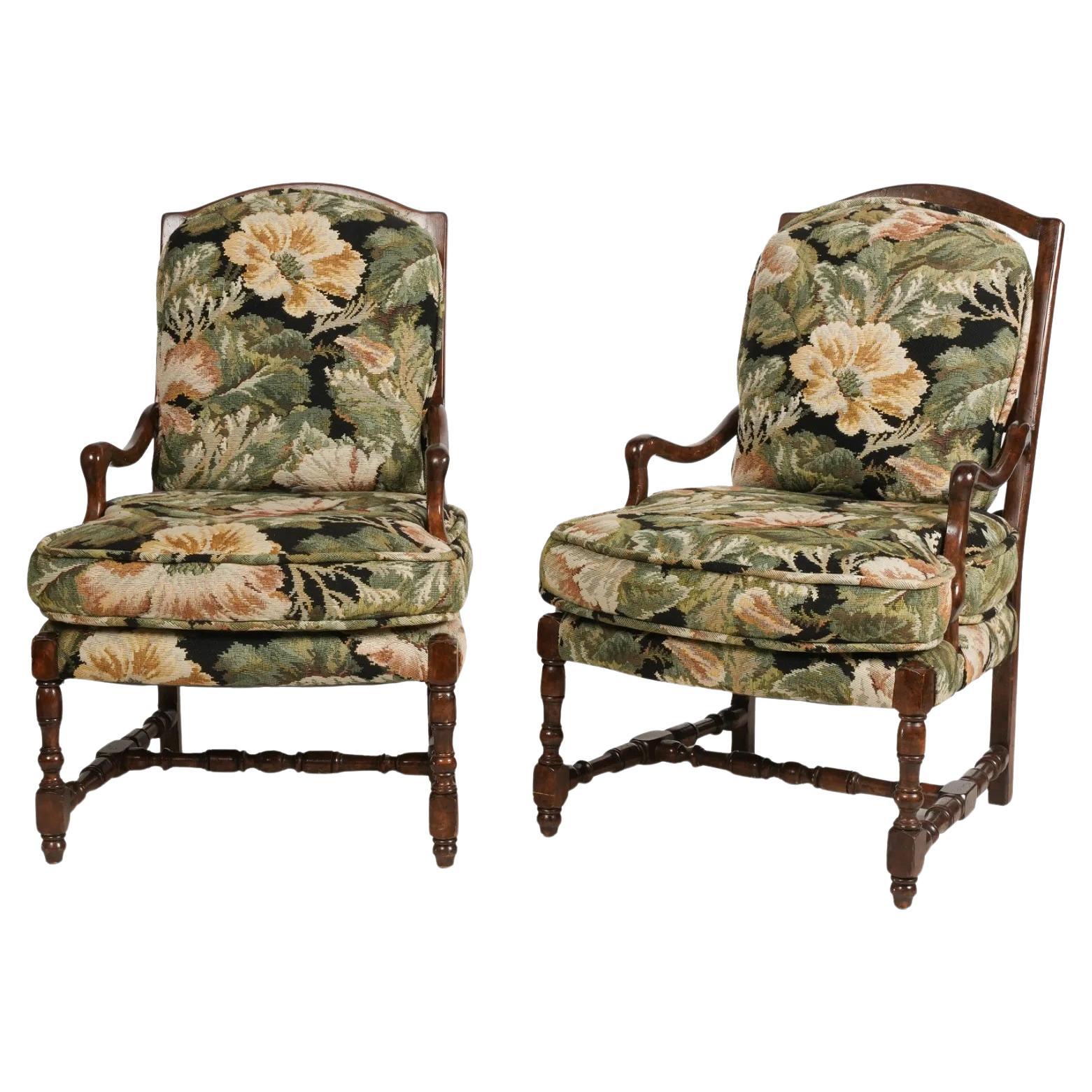 Pair of French Provincial Fruitwood Upholstered Arm Chairs Late 20th Century For Sale