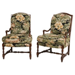 Retro Pair of French Provincial Fruitwood Upholstered Arm Chairs Late 20th Century