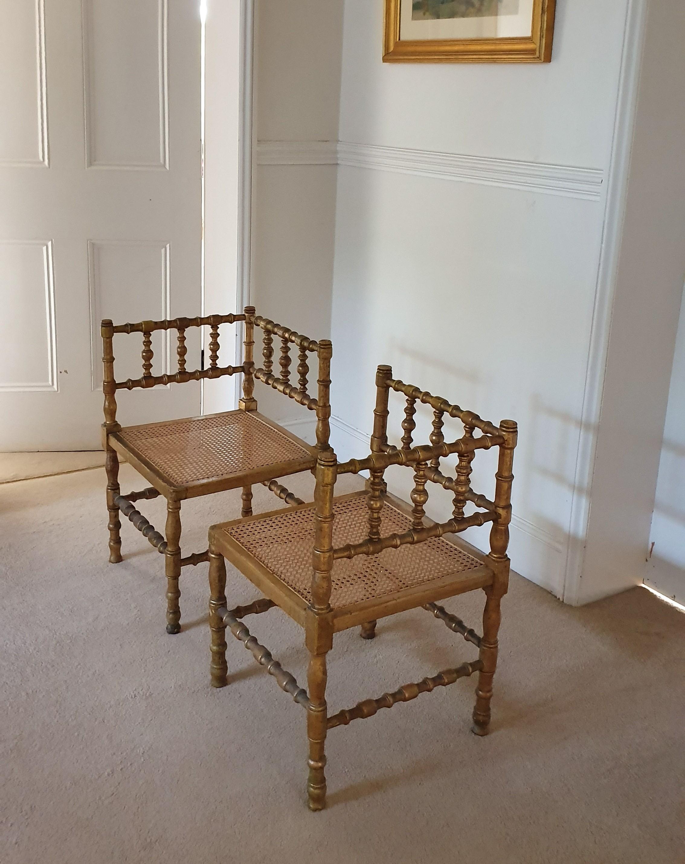 Mid-20th Century Pair of French Provincial Gilded Hand Carved Bobbin Chairs with Woven Cane Seats For Sale