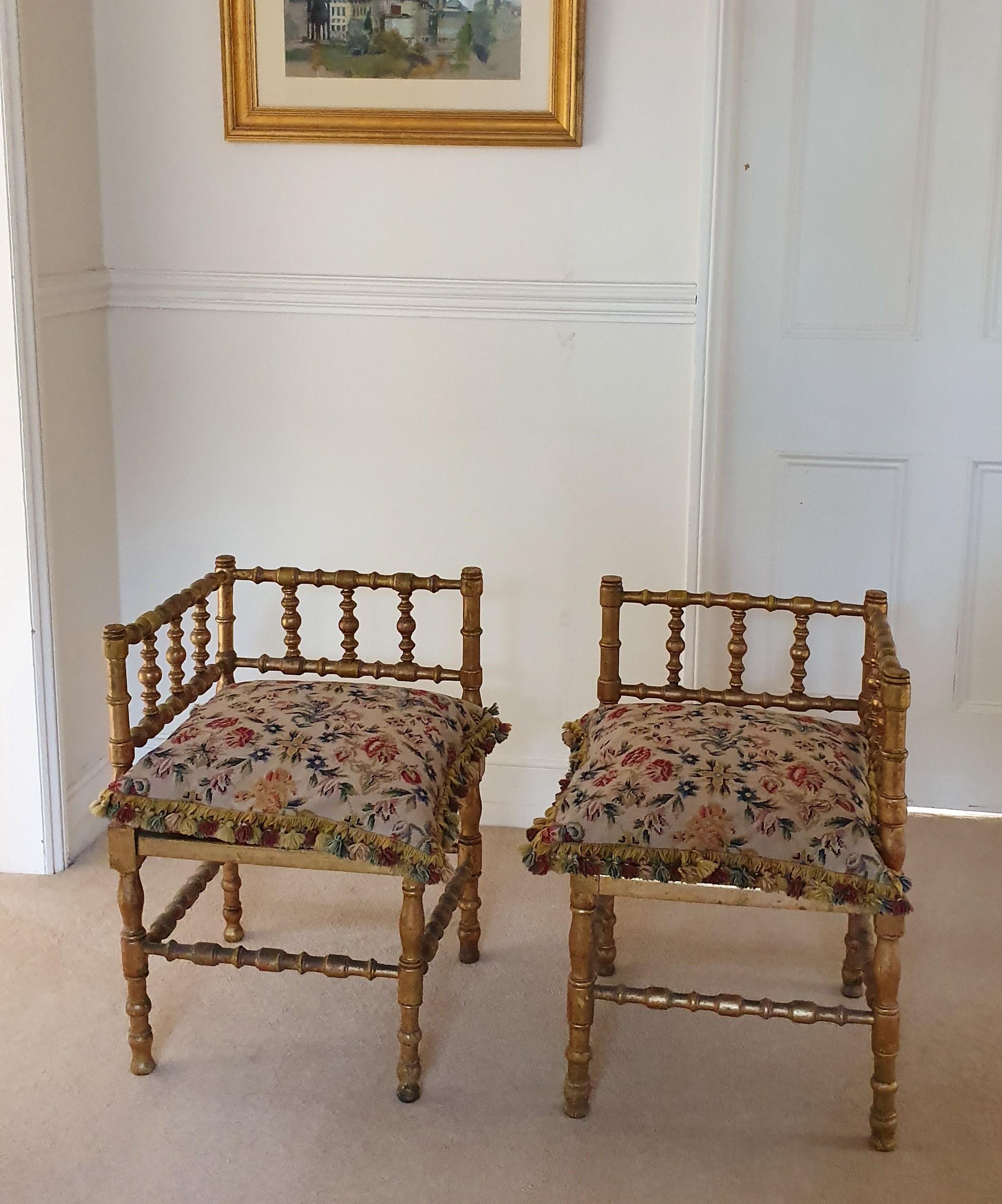 Pair of French Provincial Gilded Hand Carved Bobbin Chairs with Woven Cane Seats For Sale 1