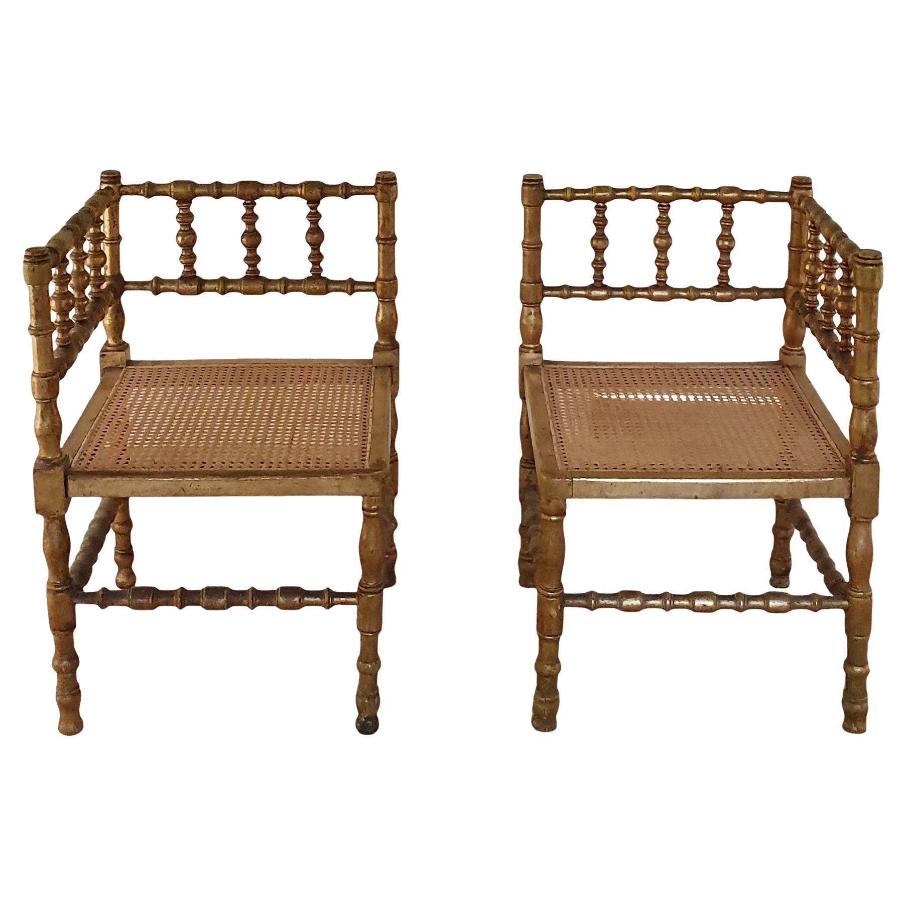 Pair of French Provincial Gilded Hand Carved Bobbin Chairs with Woven Cane Seats