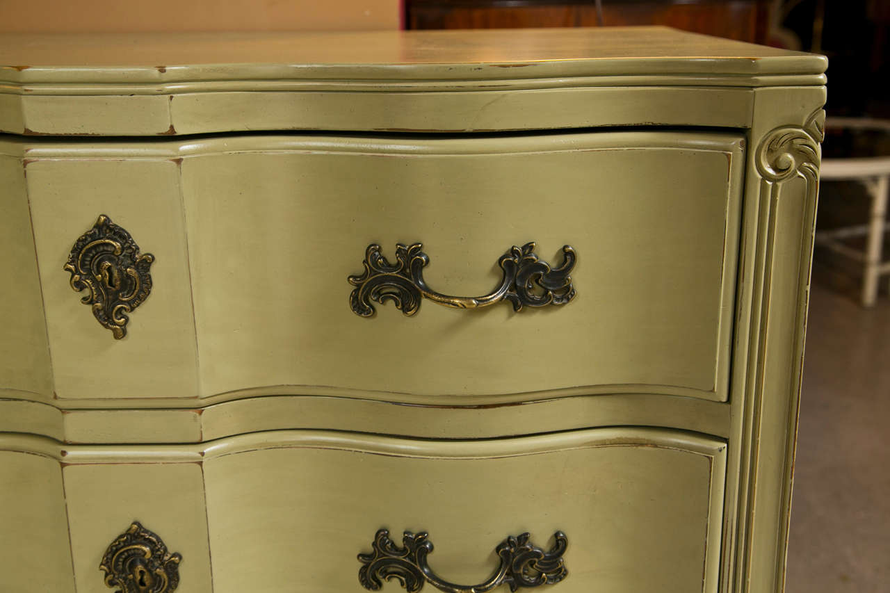 Country Pair of French Provincial Green Painted Chests of Drawers with Serpentine Top