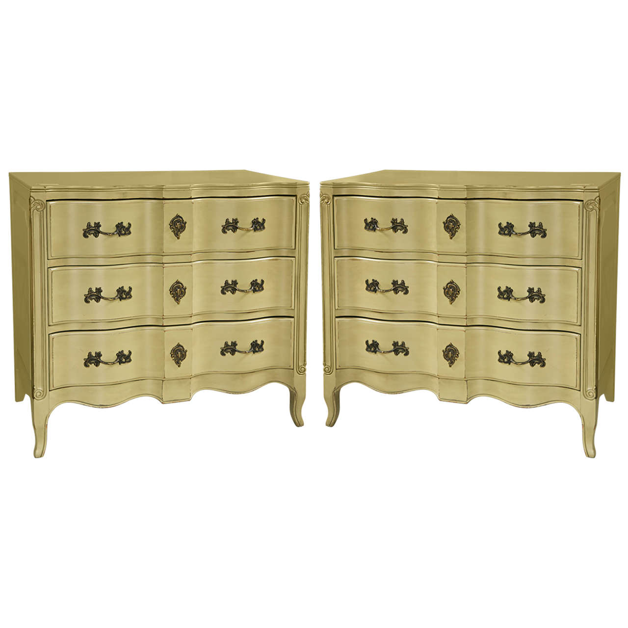 Pair of French Provincial Green Painted Chests of Drawers with Serpentine Top