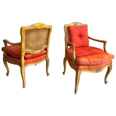 Pair of French Provincial Louis XV Caned Carved Fauteuils or Arm Chairs