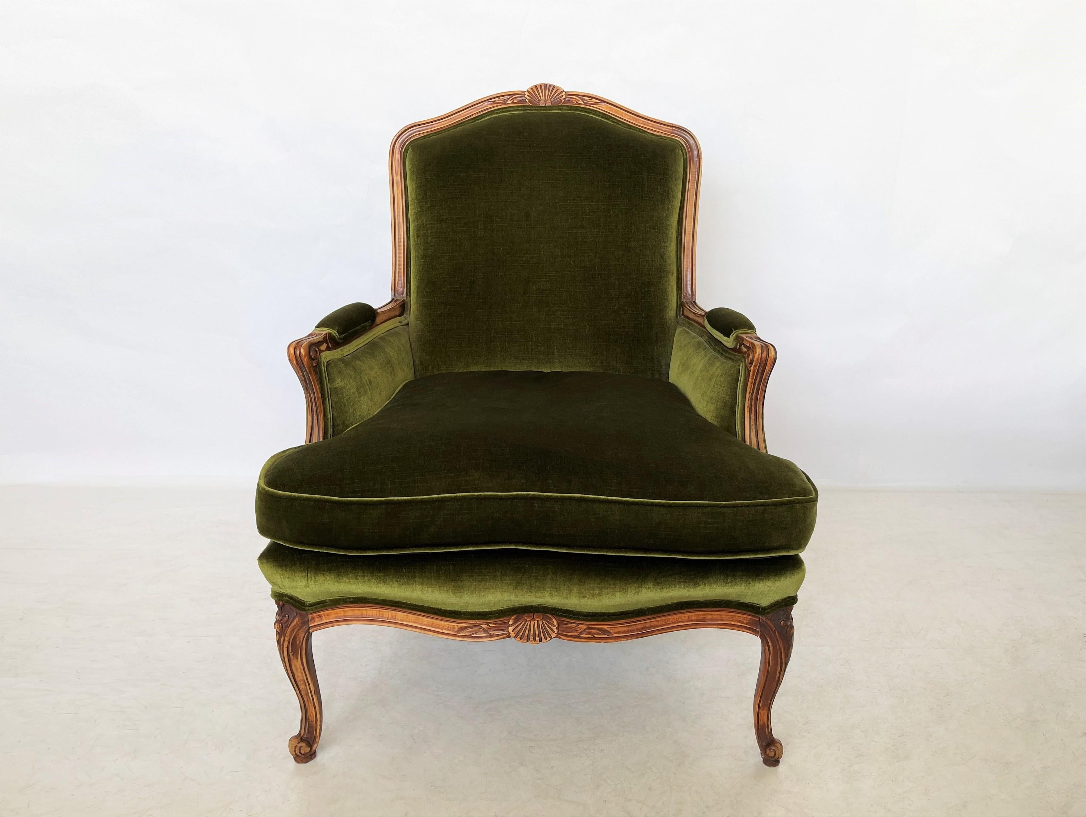 Upholstery Pair of French Provincial Louis XV Style Green Velvet Bergères