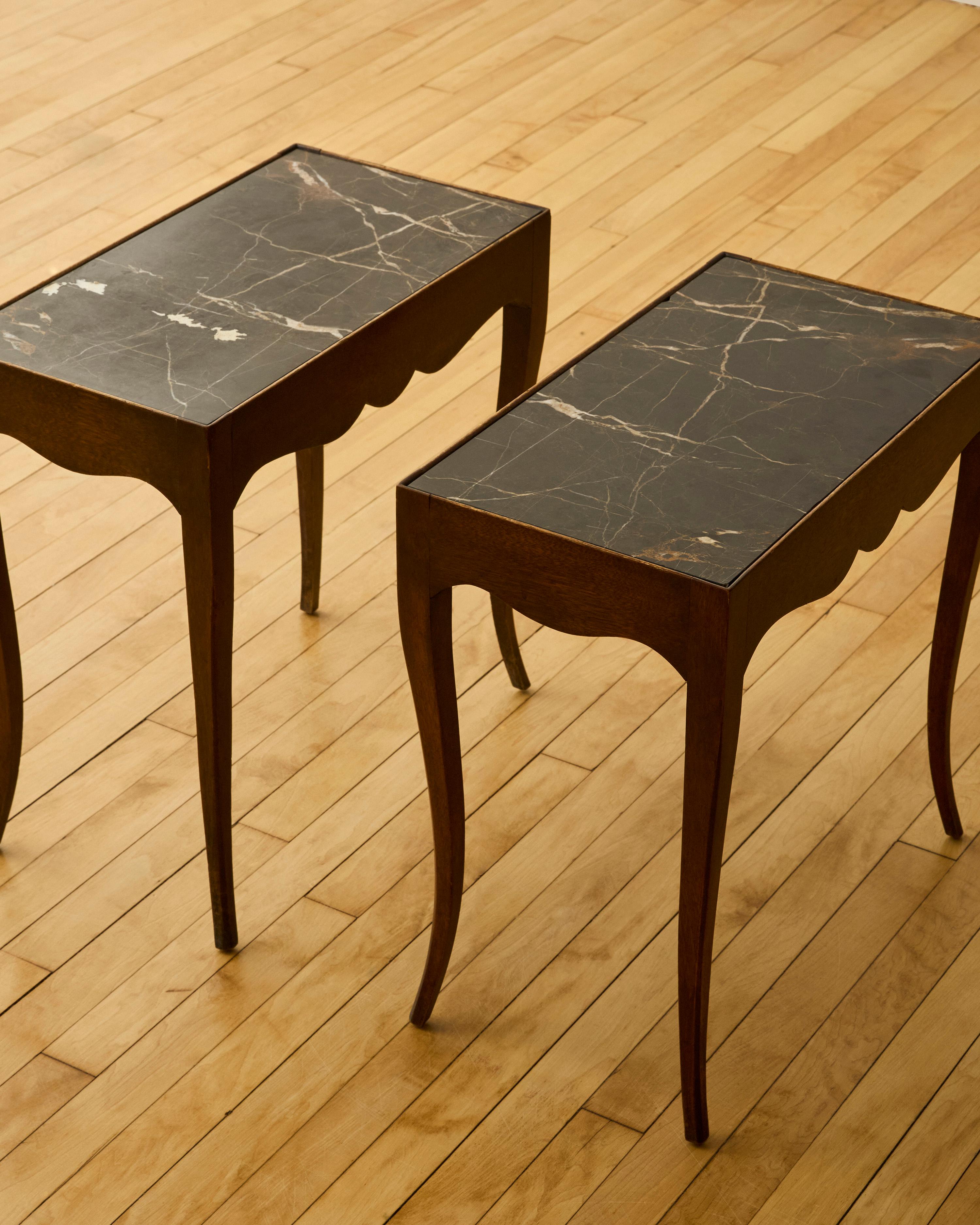 19th Century Pair of French Provincial Mahogany Side Tables with Marble Inset