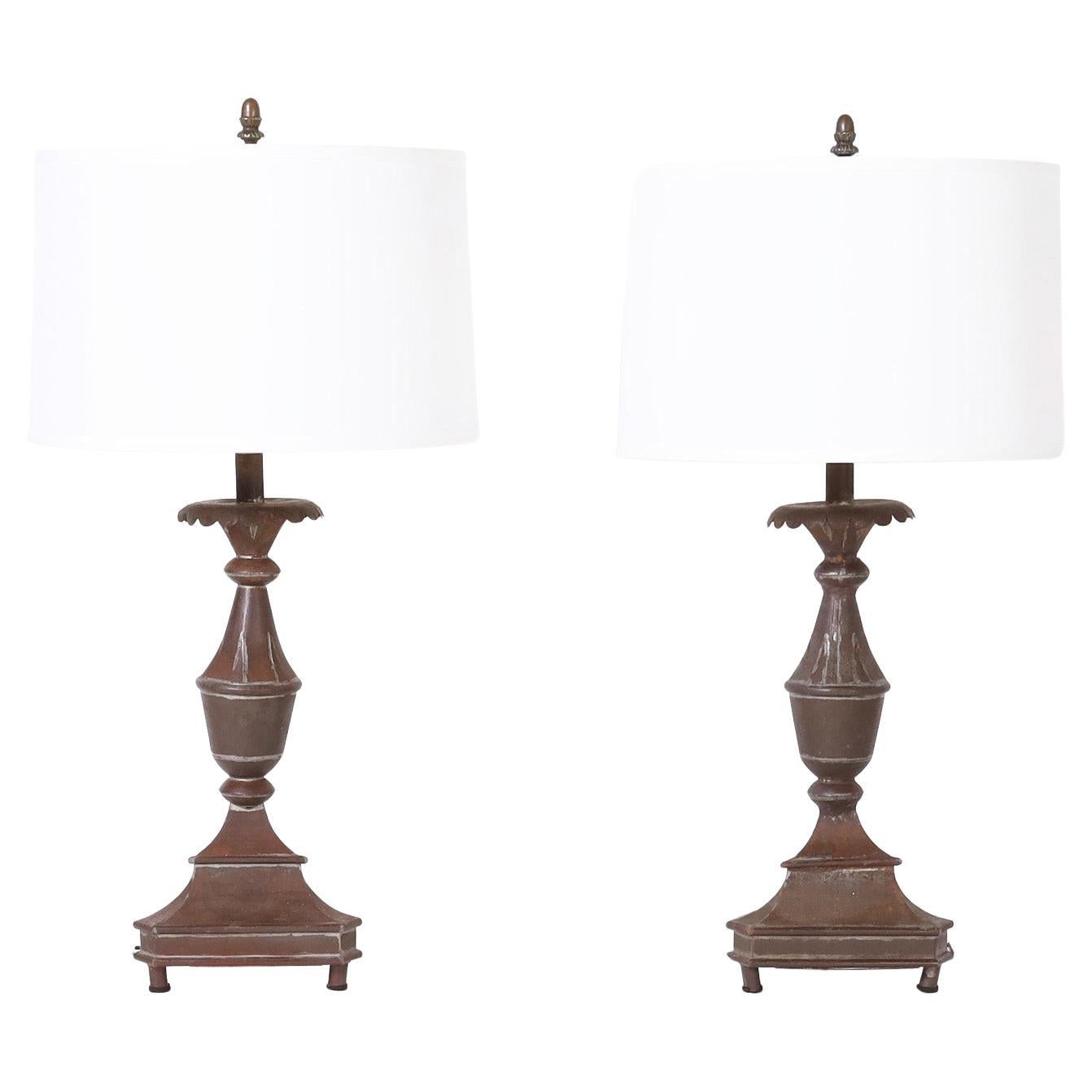 Pair of French Provincial Neoclassic Tin Table Lamps For Sale