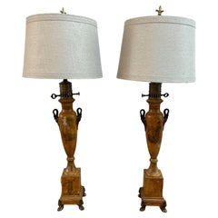 Pair of French Provincial Neoclassical Tole Lamps with Swan Handles and Paw Feet