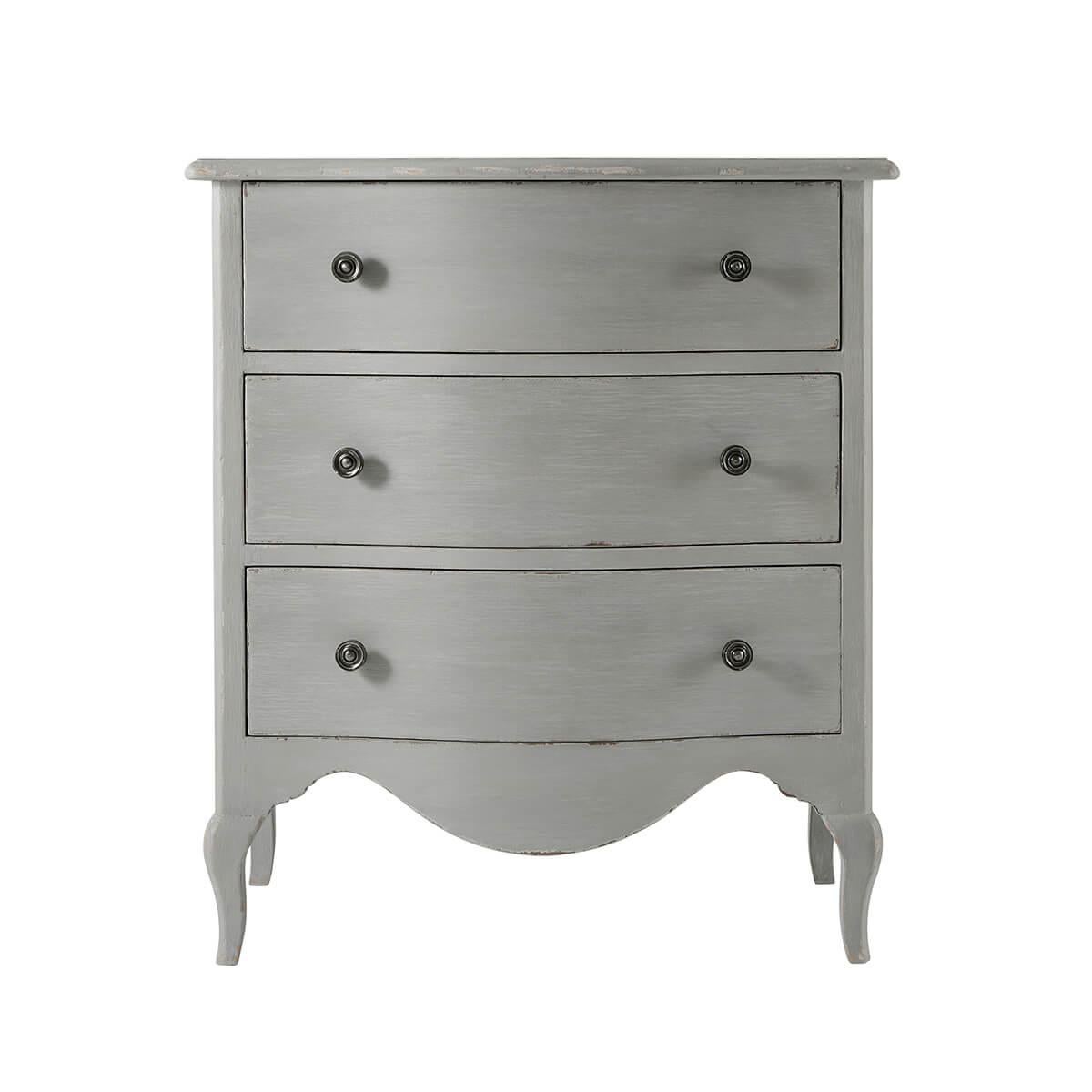 With a distressed painted finish,  serpentine front and top, with a molded edge, and three drawers raised on short cabriole legs. In our Elsa painted finish.

Dimensions: 26