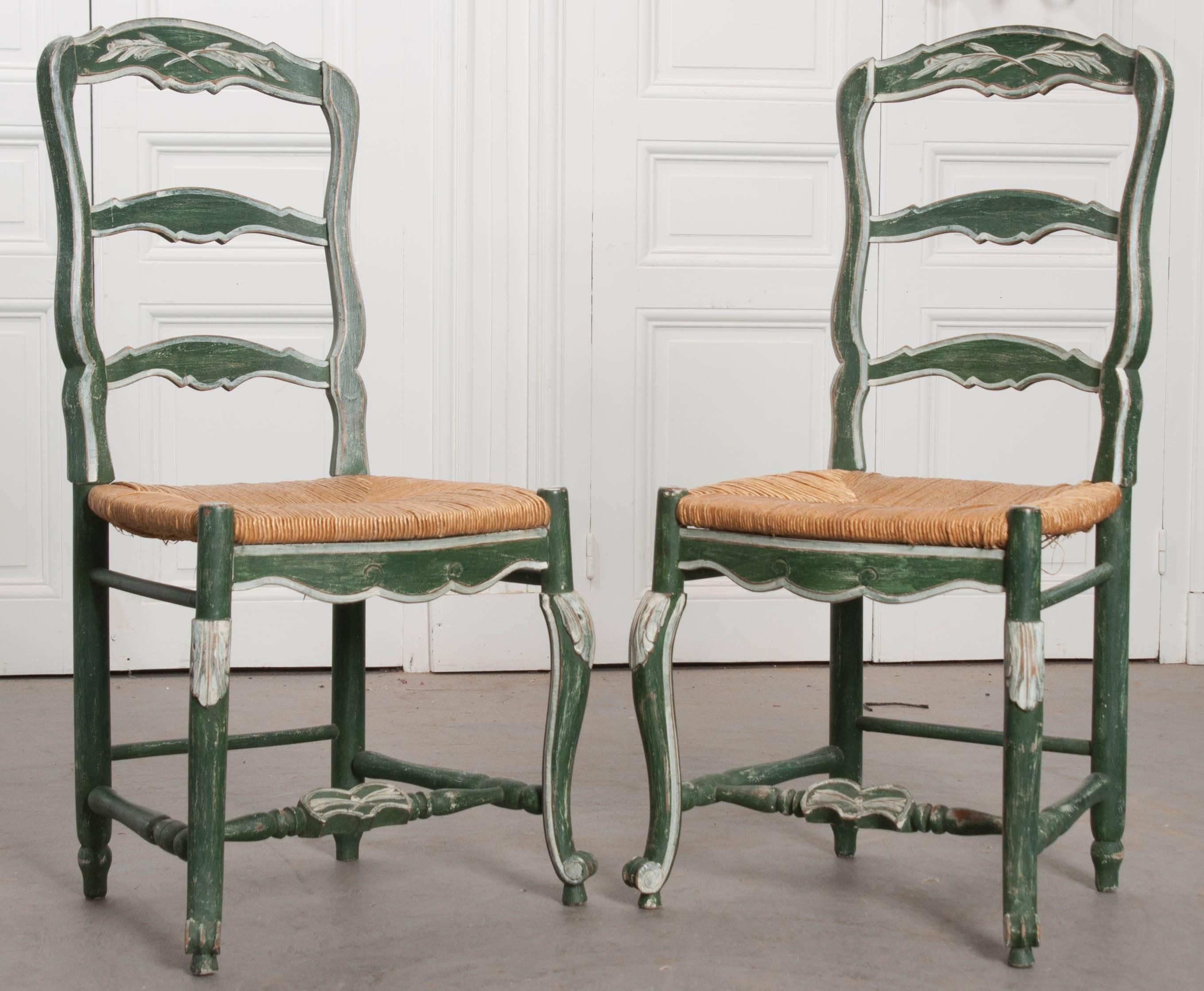 Pair of French Provincial Painted Rush Seat Chairs 1