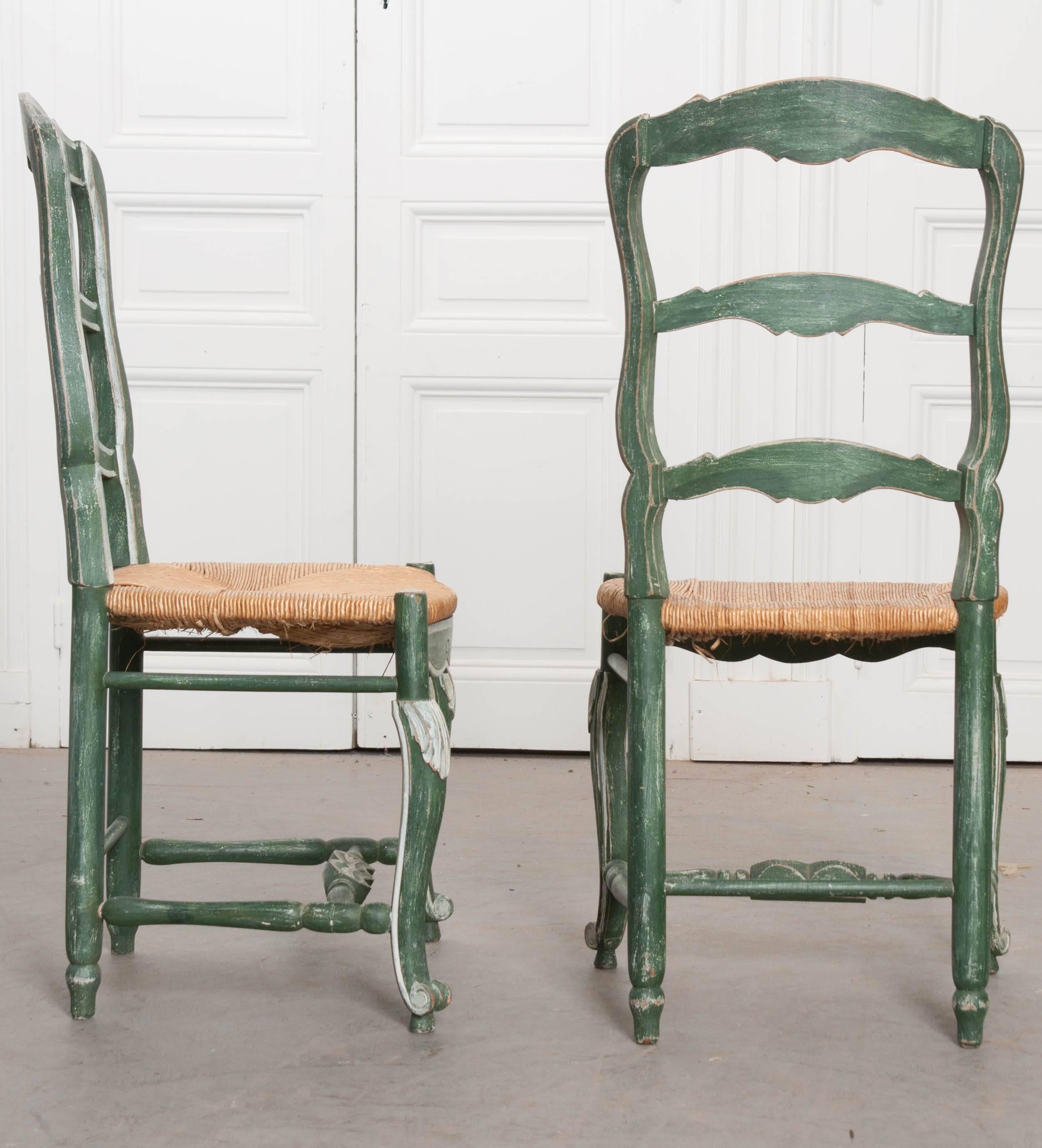 Pair of French Provincial Painted Rush Seat Chairs 3