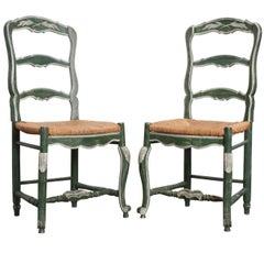 Antique Pair of French Provincial Painted Rush Seat Chairs