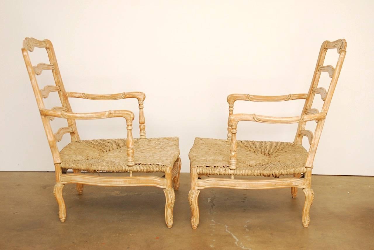 Pair of French Provincial Rush Seat Fauteuil Armchairs 3