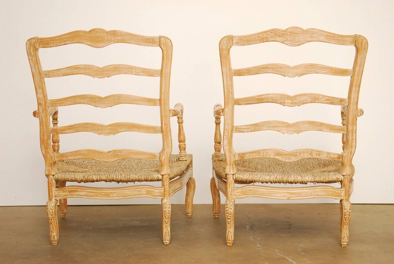 Pair of French Provincial Rush Seat Fauteuil Armchairs 5