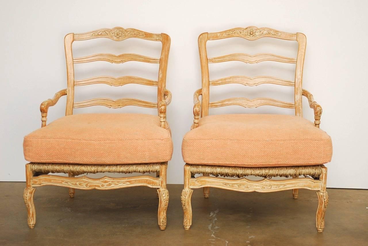 Spanish Pair of French Provincial Rush Seat Fauteuil Armchairs