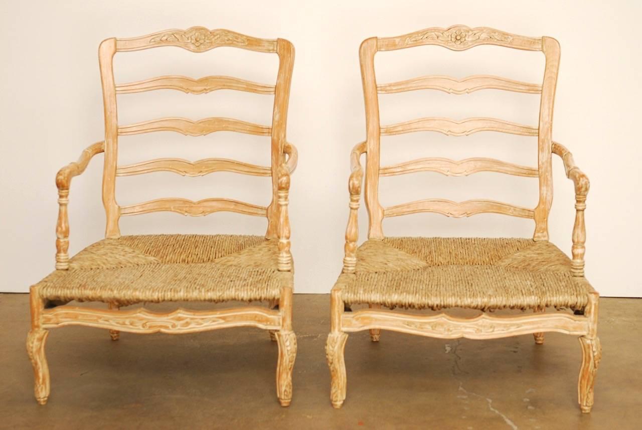 Wood Pair of French Provincial Rush Seat Fauteuil Armchairs