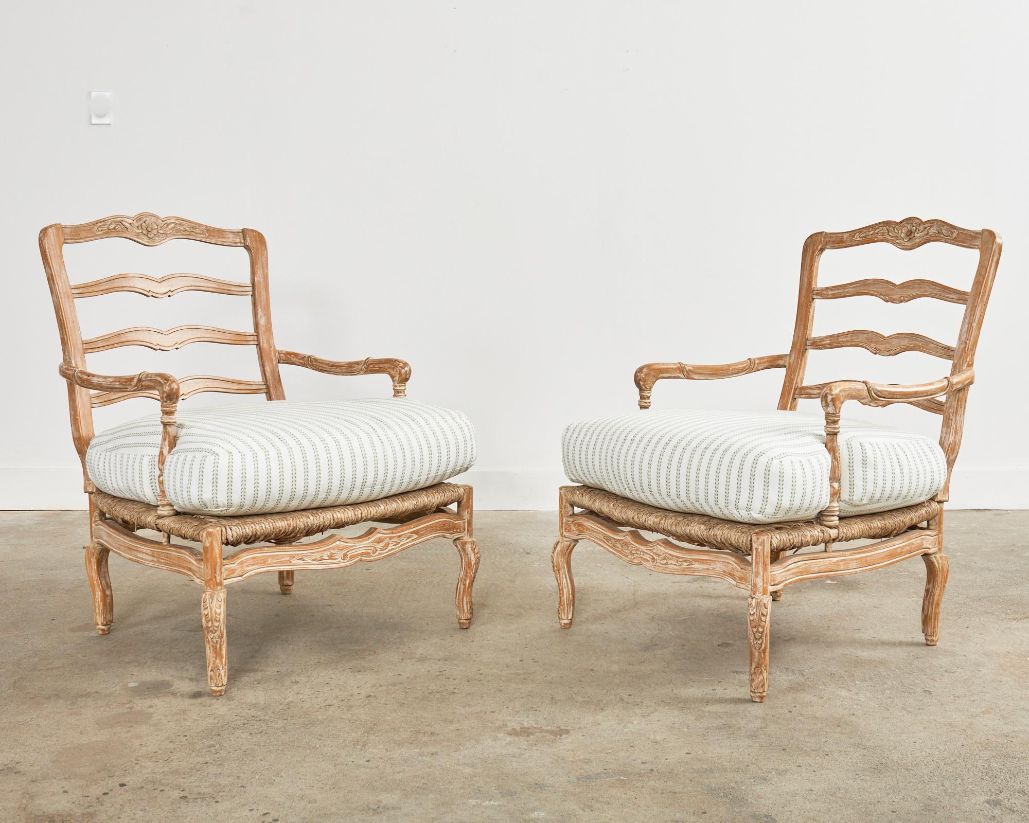 Pair of French Provincial Rush Seat Fauteuil Armchairs & Ottomans 4