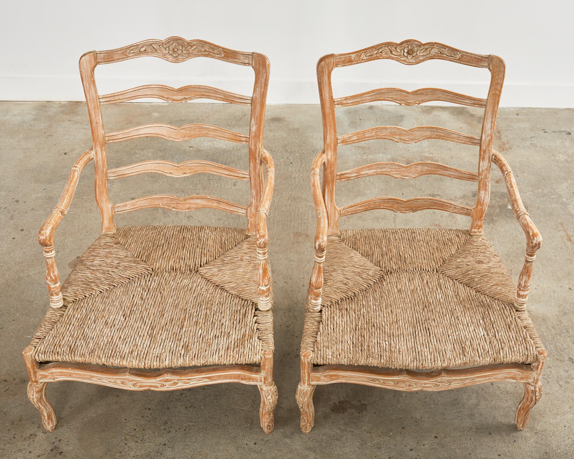 Pair of French Provincial Rush Seat Fauteuil Armchairs & Ottomans 5