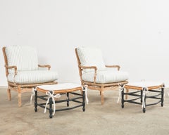 Pair of French Provincial Rush Seat Fauteuil Armchairs & Ottomans