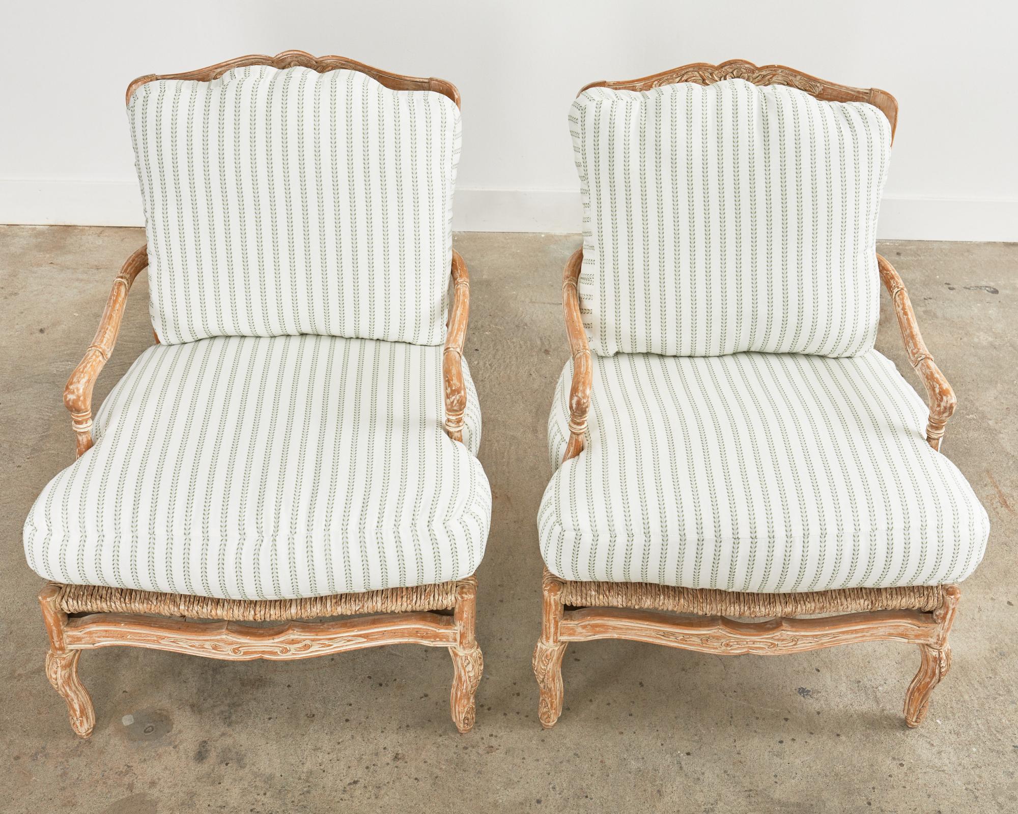 Pair of French Provincial Rush Seat Fauteuil Armchairs & Ottomans 1