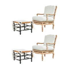 Pair of French Provincial Rush Seat Fauteuil Armchairs & Ottomans