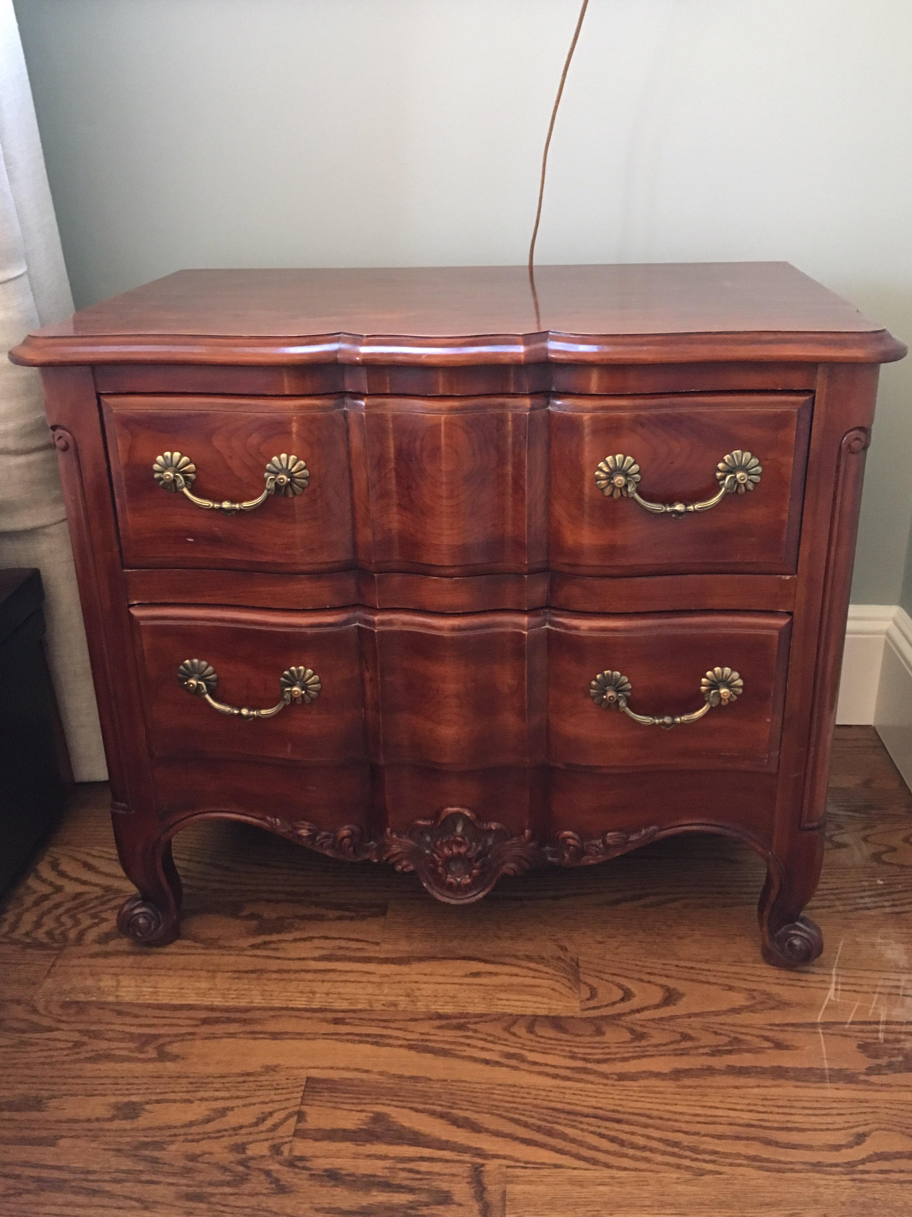 Pair of French Provincial style bedside tables by John Widdicomb.
Two drawers on each 22.5