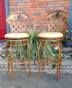 Pair of French Provincial Style Leather and Wrought Iron Bar Stools