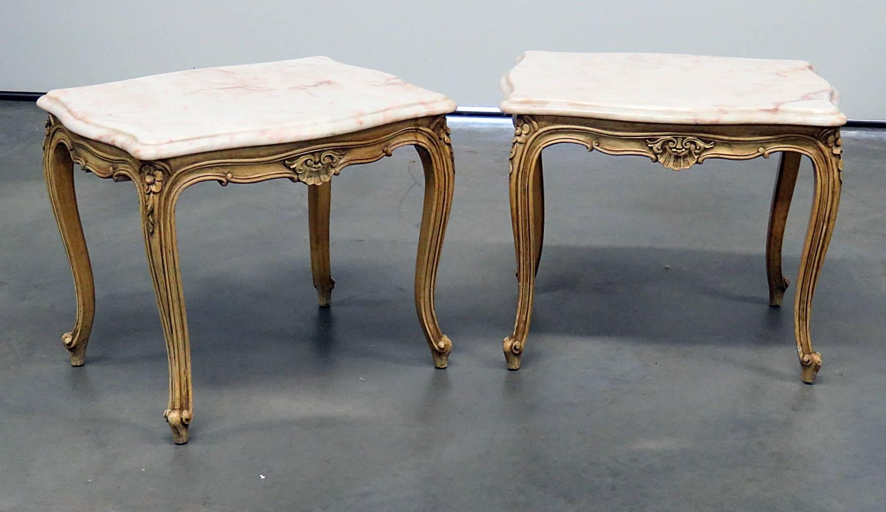 Pair of French Provincial style paint decorated marble-top end tables.