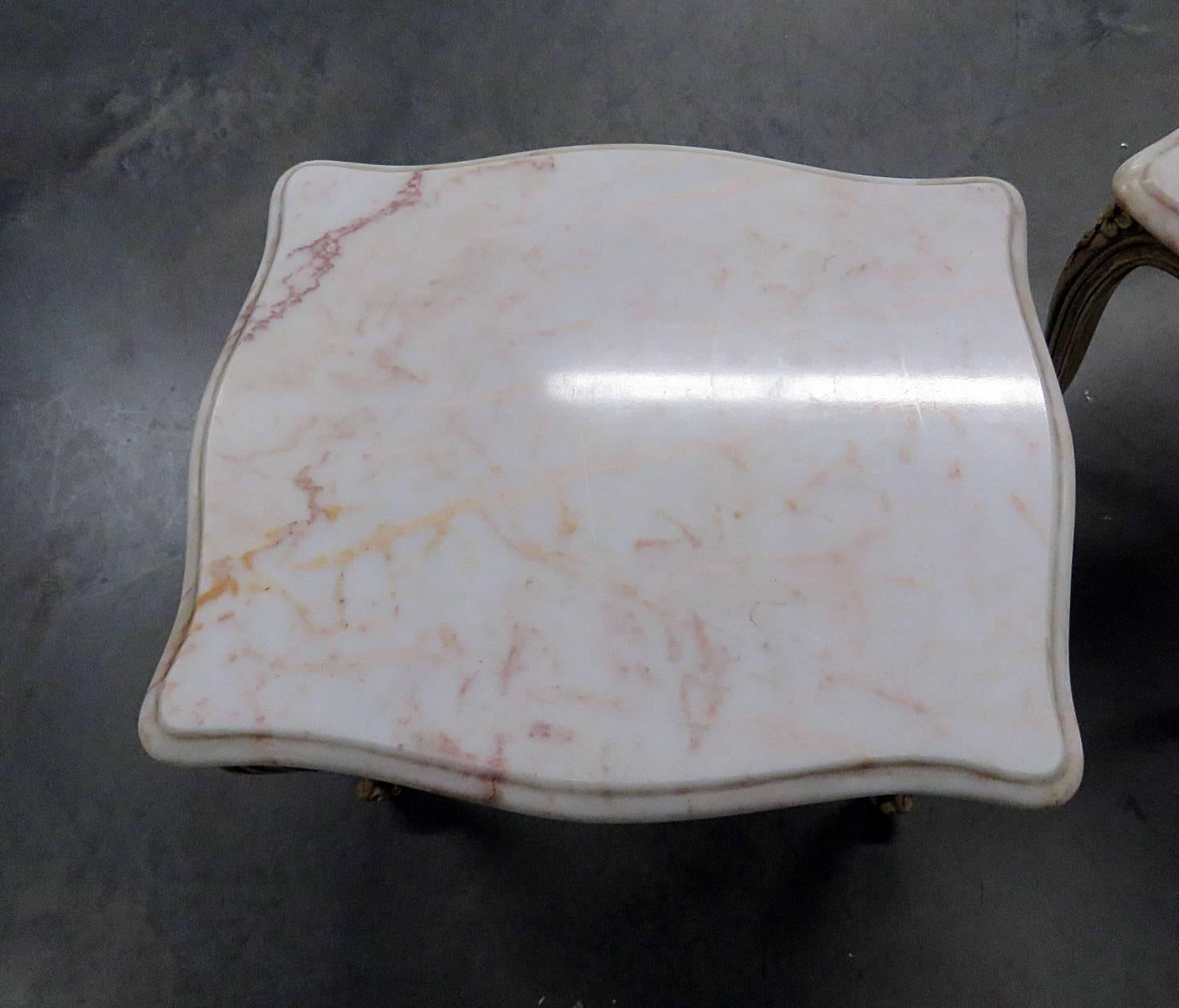 Painted Pair of French Provincial Style Marble-Top End Tables