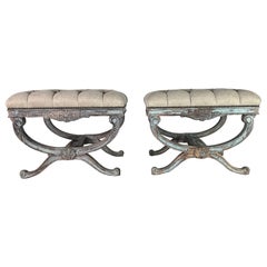 Pair of French Provincial Style Painted Benches C. 1930