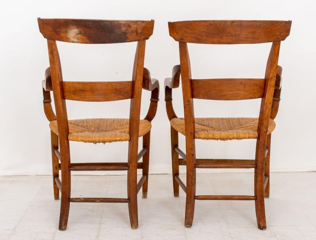 19th Century Pair of French Provincial Style Walnut Rush Seat Armchairs