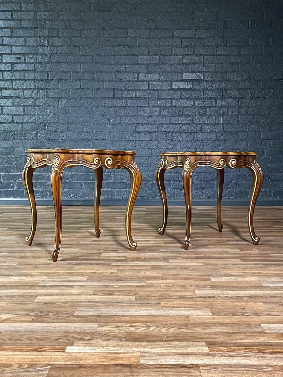 American Pair of French Provincial Style Walnut Side Tables w/ Gilt Painted Carved Accent For Sale