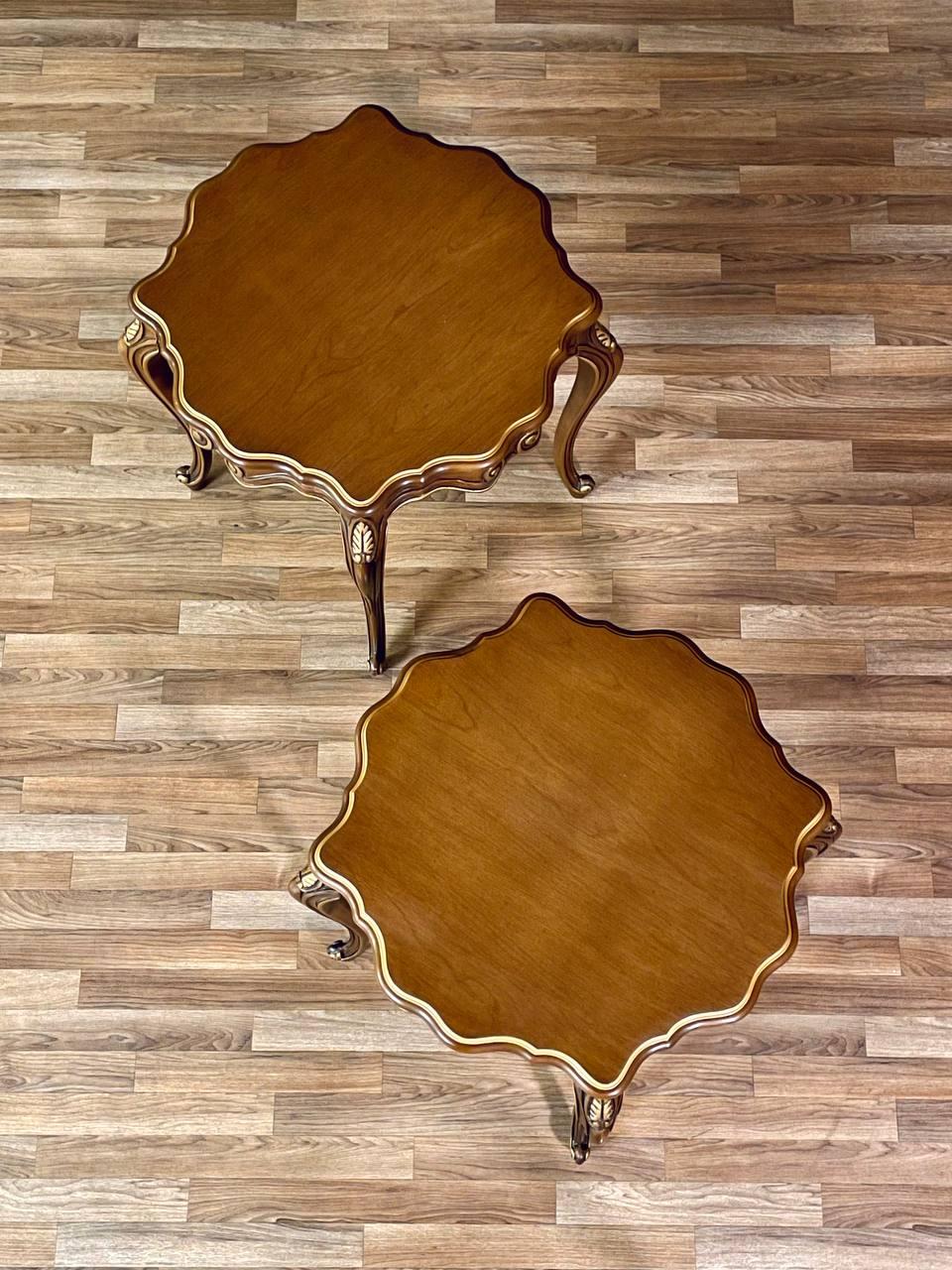 Pair of French Provincial Style Walnut Side Tables w/ Gilt Painted Carved Accent In Good Condition For Sale In Los Angeles, CA