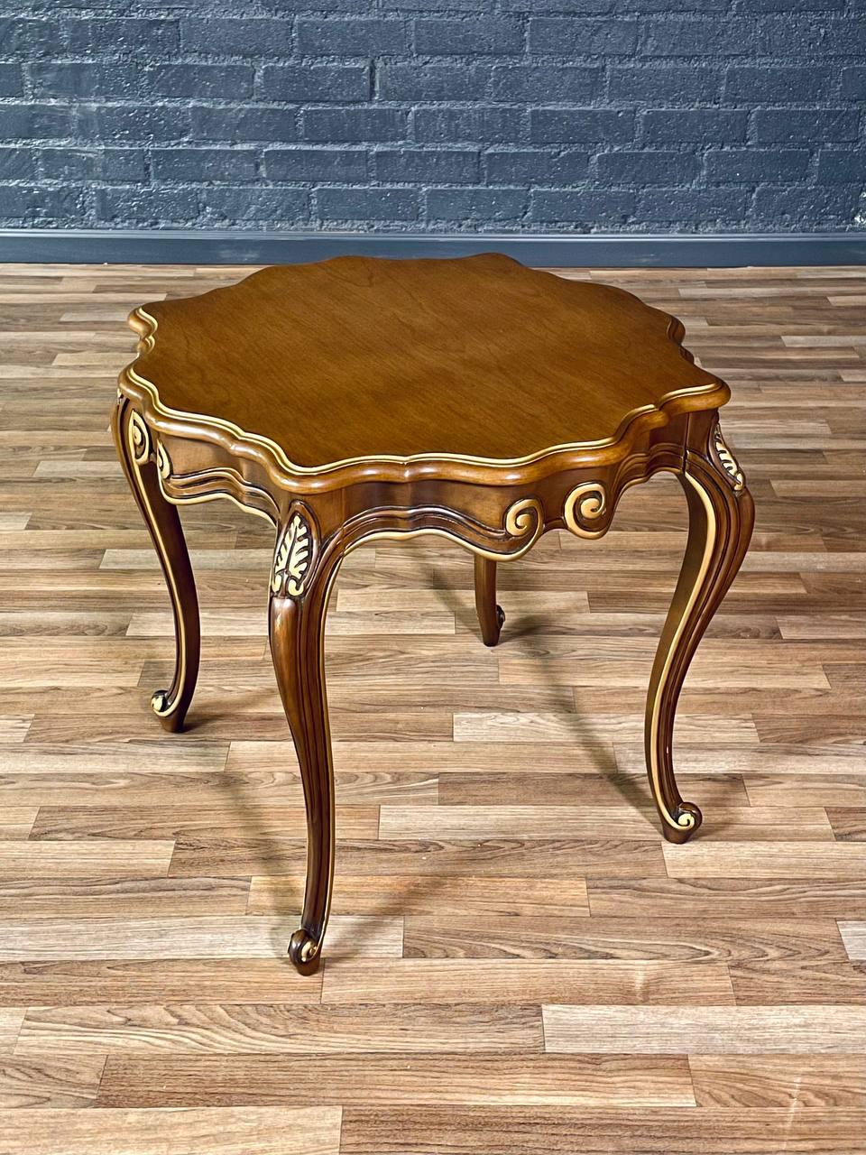 Mid-20th Century Pair of French Provincial Style Walnut Side Tables w/ Gilt Painted Carved Accent For Sale