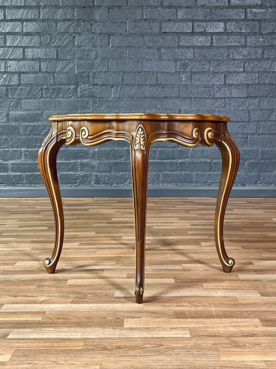 Pair of French Provincial Style Walnut Side Tables w/ Gilt Painted Carved Accent For Sale 1