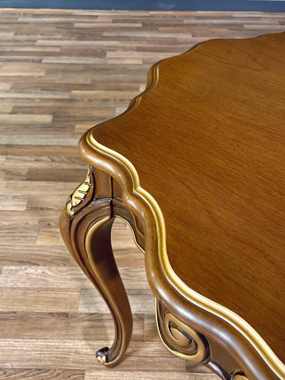 Pair of French Provincial Style Walnut Side Tables w/ Gilt Painted Carved Accent For Sale 2