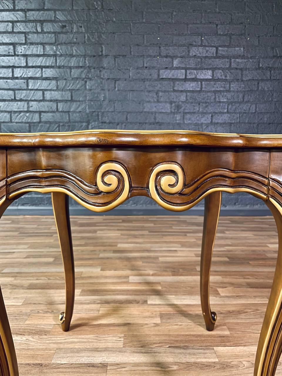 Pair of French Provincial Style Walnut Side Tables w/ Gilt Painted Carved Accent For Sale 3