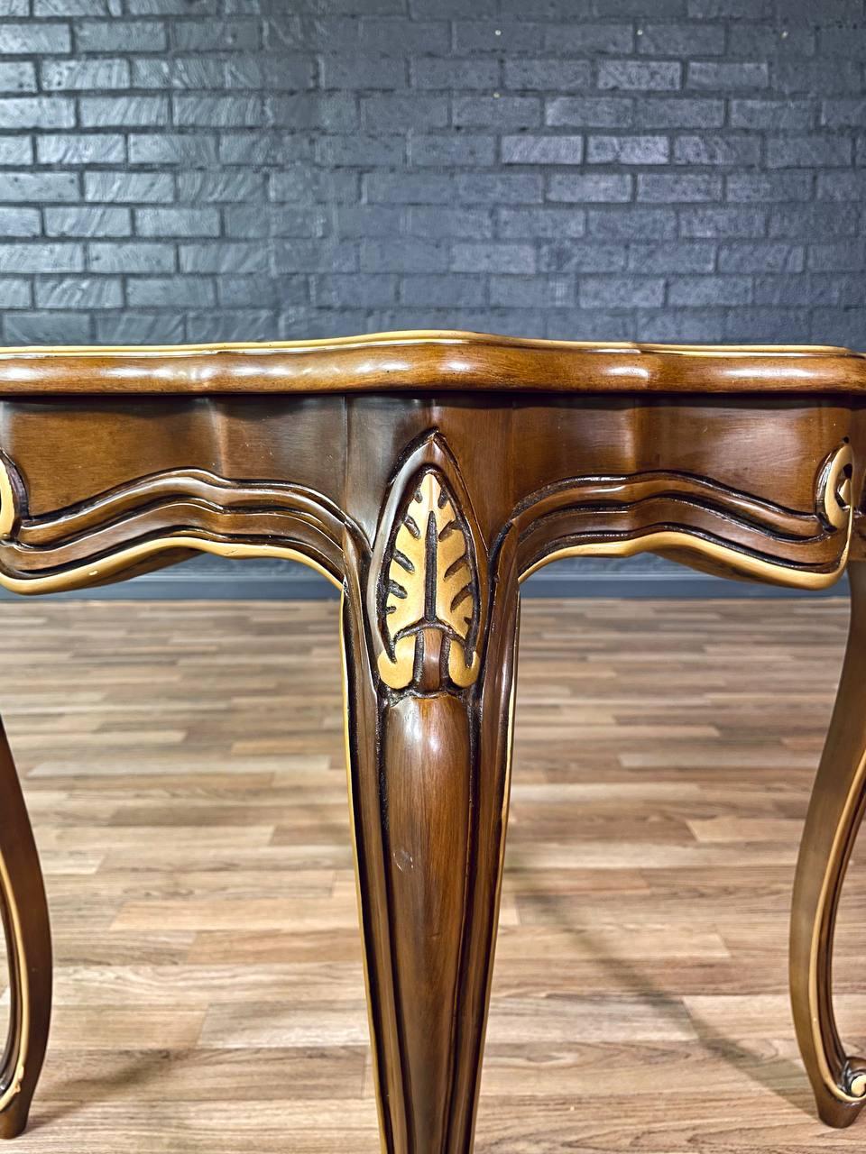 Pair of French Provincial Style Walnut Side Tables w/ Gilt Painted Carved Accent For Sale 4