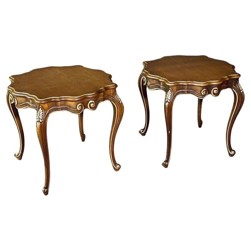 Pair of French Provincial Style Walnut Side Tables w/ Gilt Painted Carved Accent For Sale