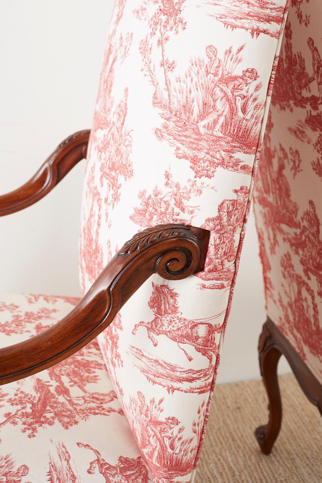 Pair of French Provincial Style Walnut Toile Fauteuil Armchairs 3