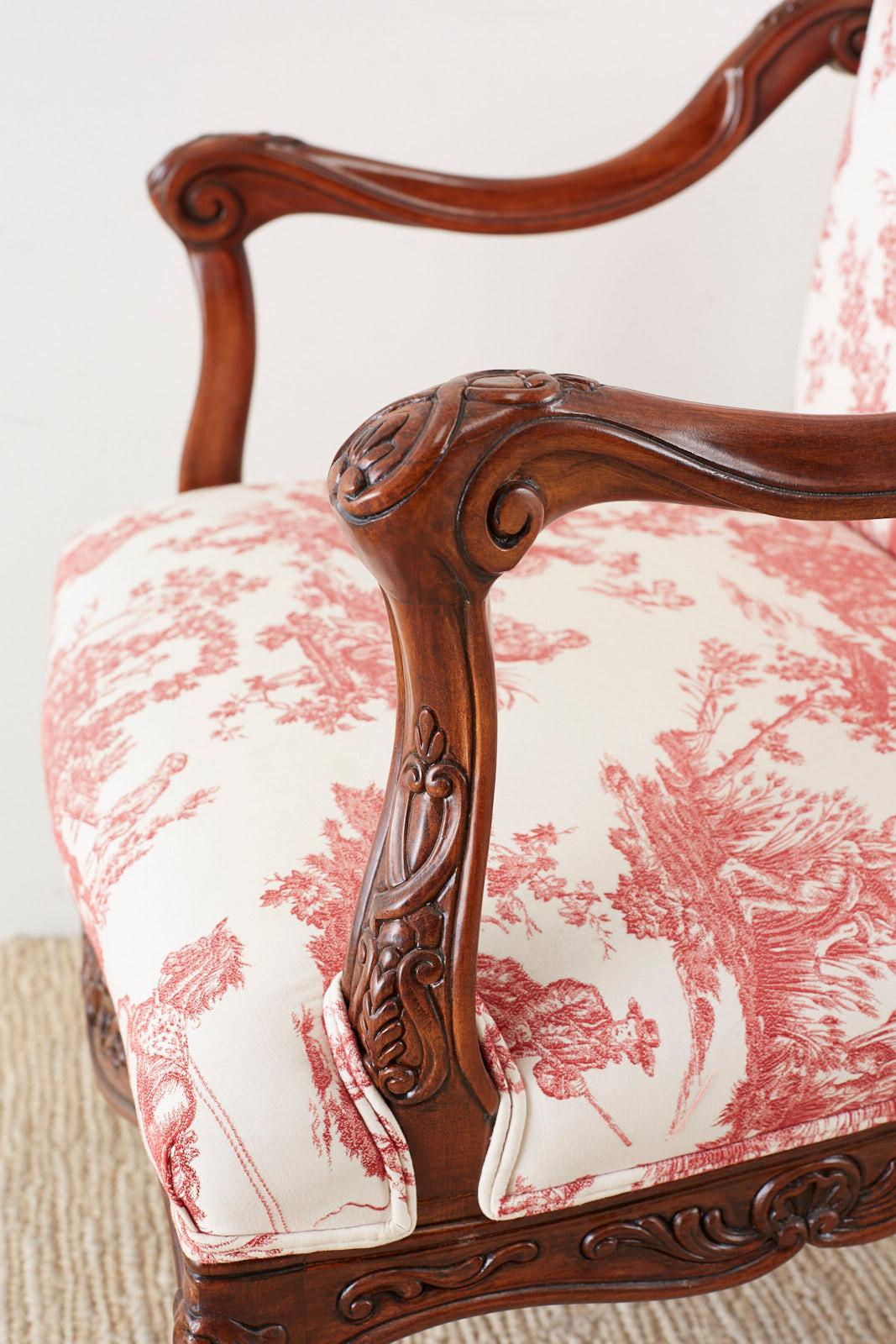 Pair of French Provincial Style Walnut Toile Fauteuil Armchairs 4