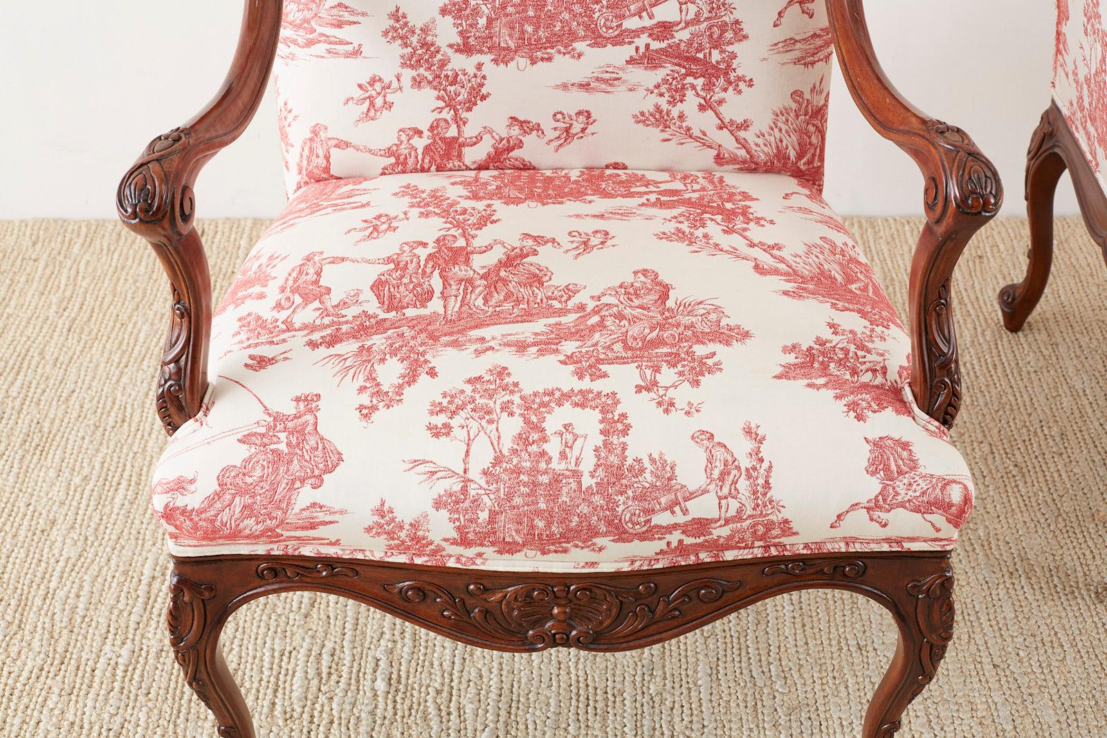 Pair of French Provincial Style Walnut Toile Fauteuil Armchairs 5