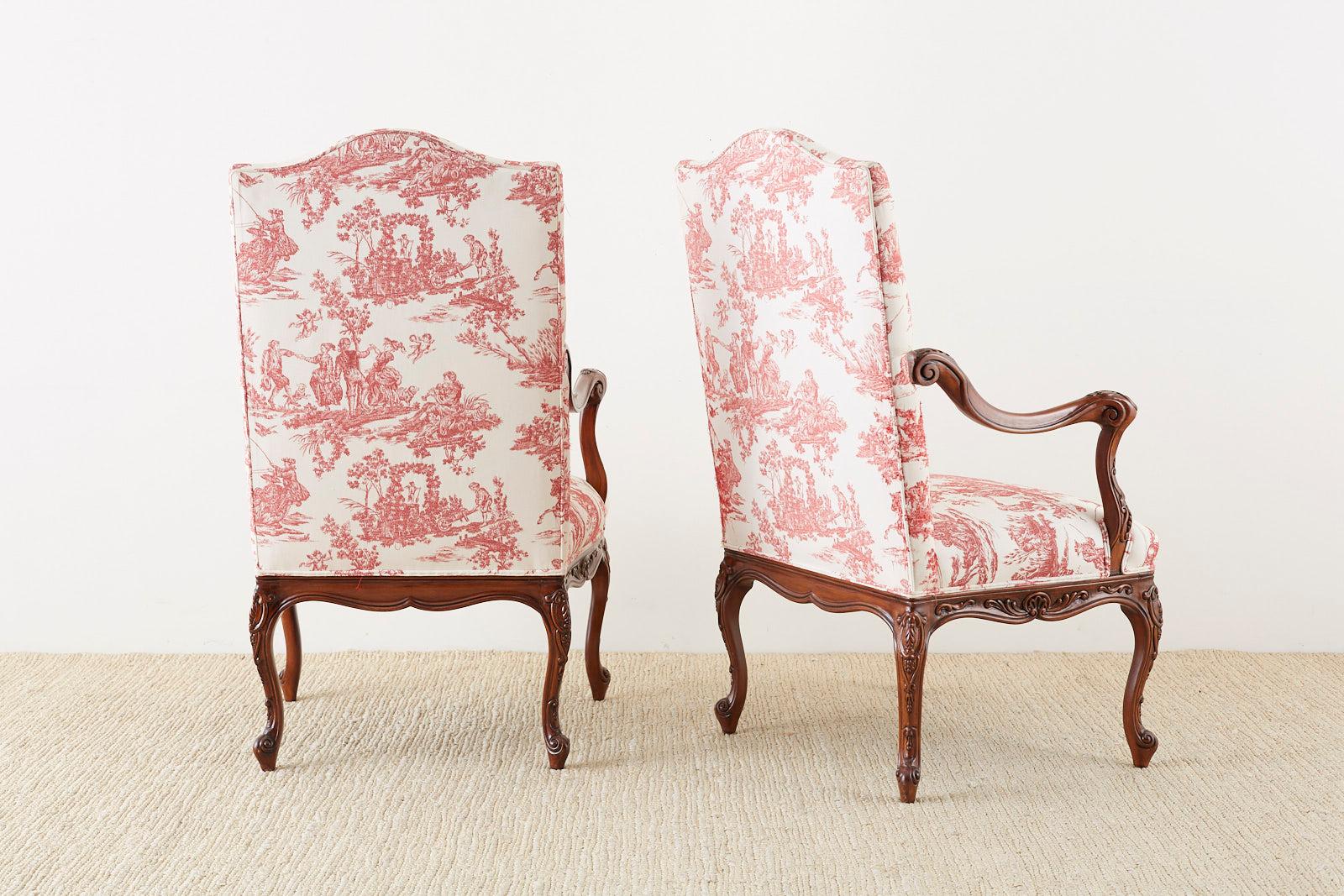 Pair of French Provincial Style Walnut Toile Fauteuil Armchairs 8