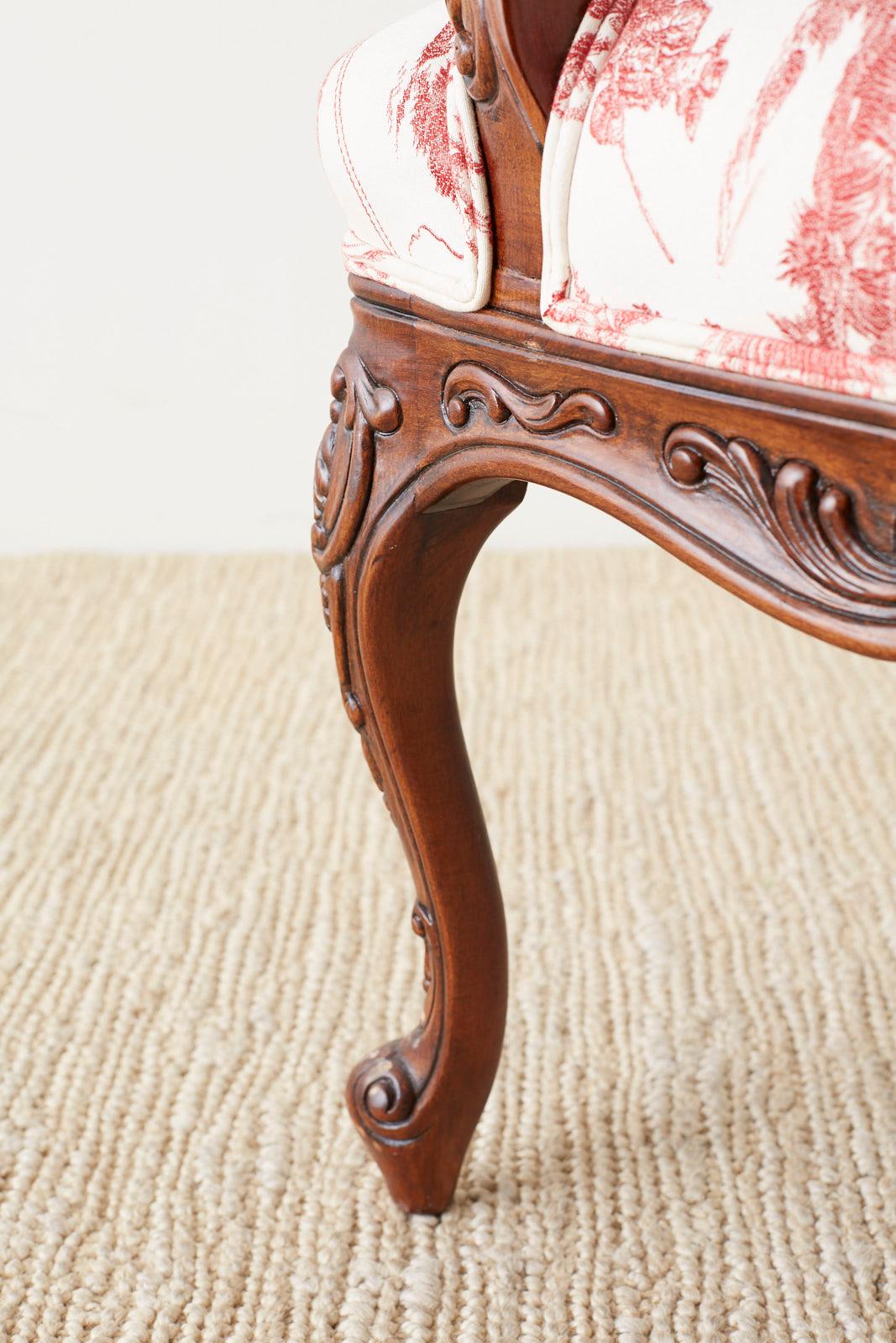 Pair of French Provincial Style Walnut Toile Fauteuil Armchairs 13