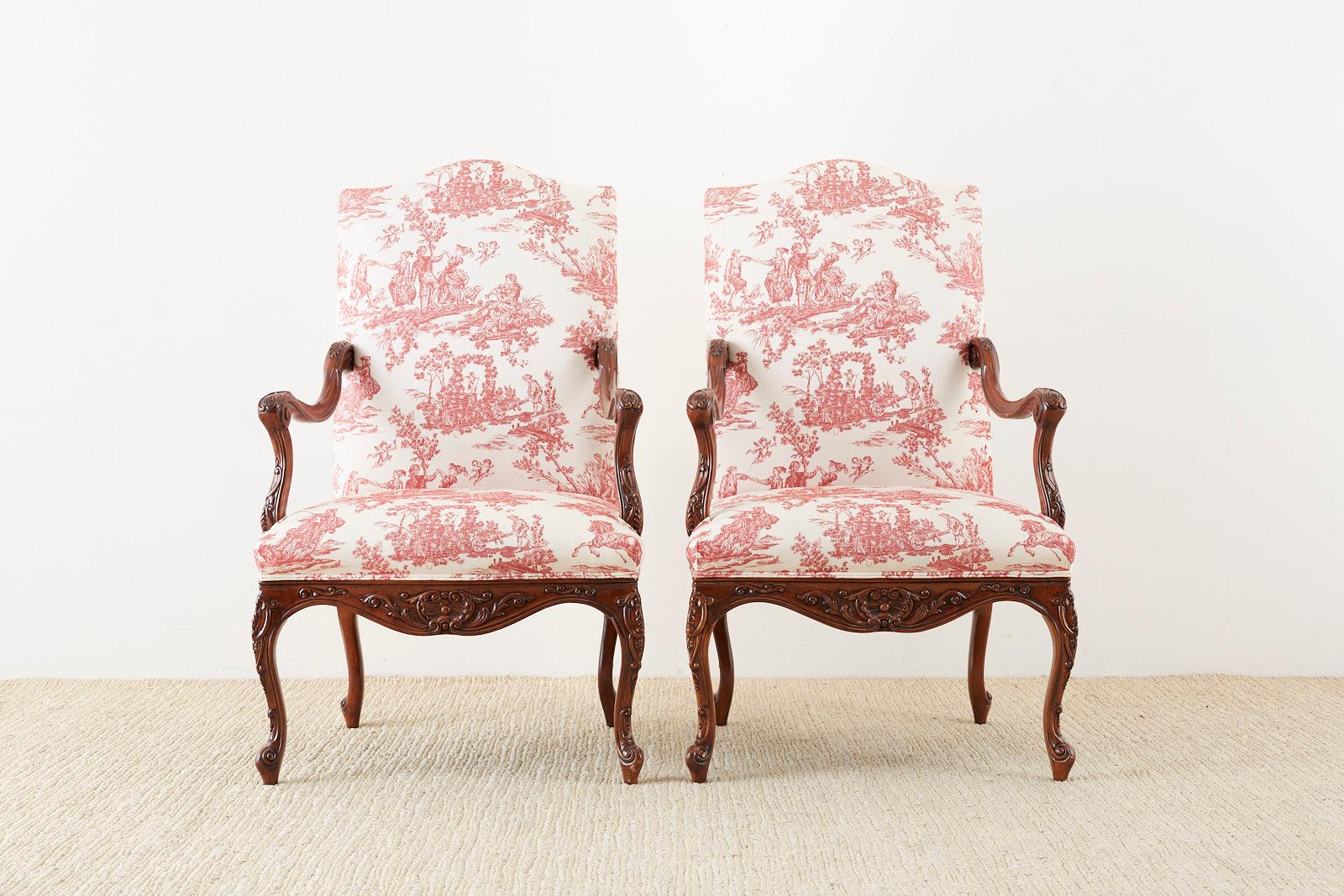 Hand-Crafted Pair of French Provincial Style Walnut Toile Fauteuil Armchairs