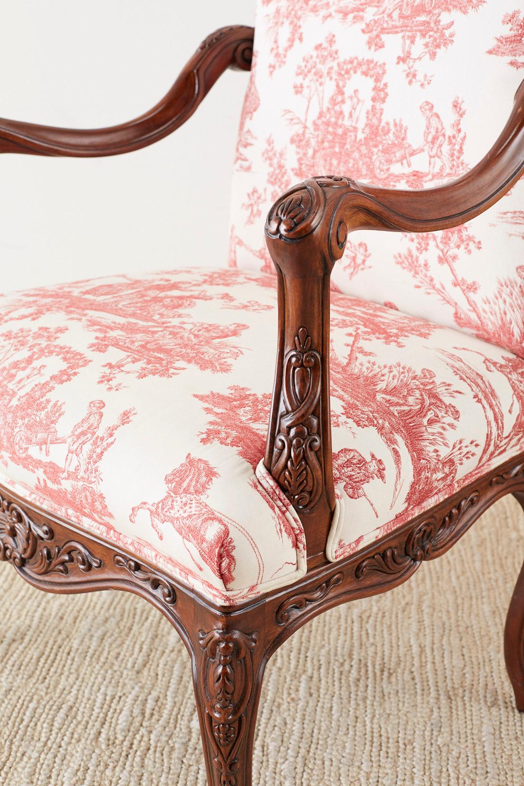 Pair of French Provincial Style Walnut Toile Fauteuil Armchairs In Good Condition In Rio Vista, CA