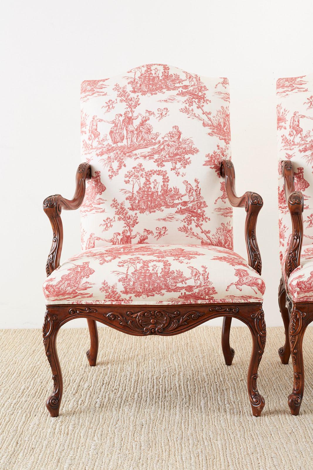 Contemporary Pair of French Provincial Style Walnut Toile Fauteuil Armchairs