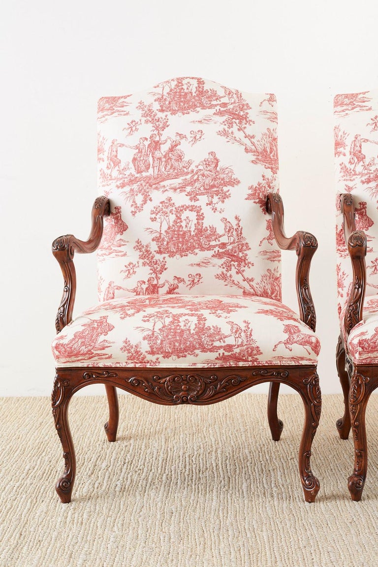 Pair of French Provincial Style Walnut Toile Fauteuil Armchairs at 1stDibs